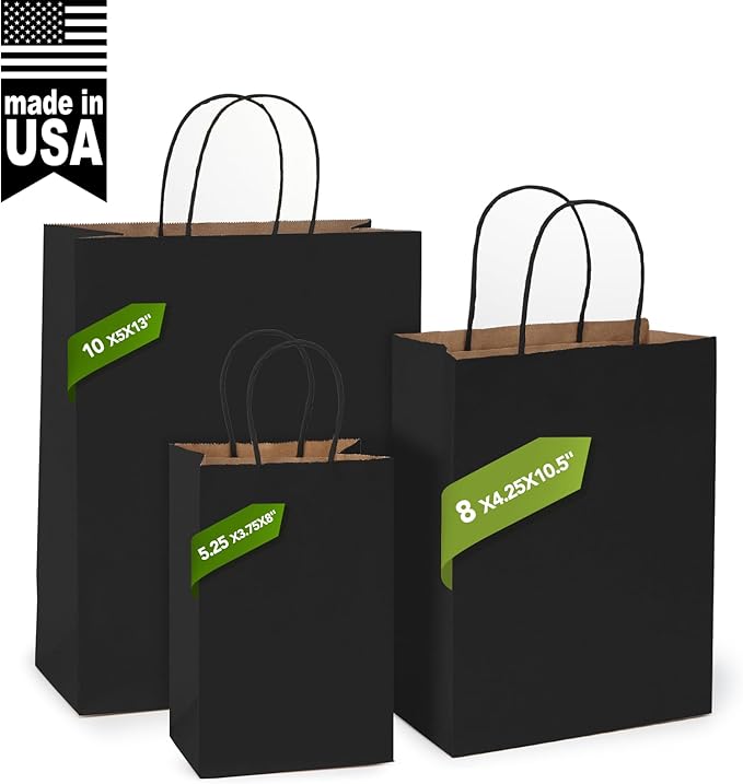 MESHA Gift Paper Bags 400 PACK 5.25x3.75x8 Inch Black Small Shopping Kraft Bags Bulk with Handles Reusable for Business,Grocery,Birthday,Wedding,Kids Party,Favors