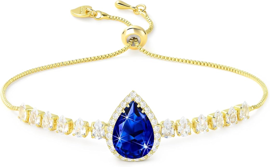 Linawe Crystal Imitation Diamond Rhinestone Charm Bracelets for Women, Gold/Silver/Rose Gold Adjustable Chain Bracelet, Teardrop Birthstone Cubic Zirconia Prom Costume Wedding Jewelry
