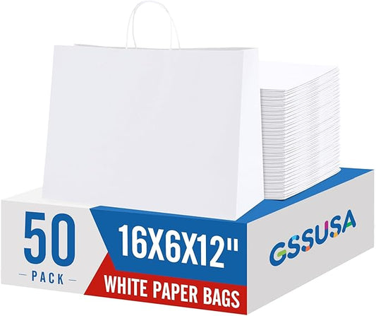 GSSUSA Large Paper Bags with Handles16x6x12 White 50Pcs, Kraft Paper Shopping Bags Bulk for Small Business, Valentines Day, Grocery, Boutique, Merchandise
