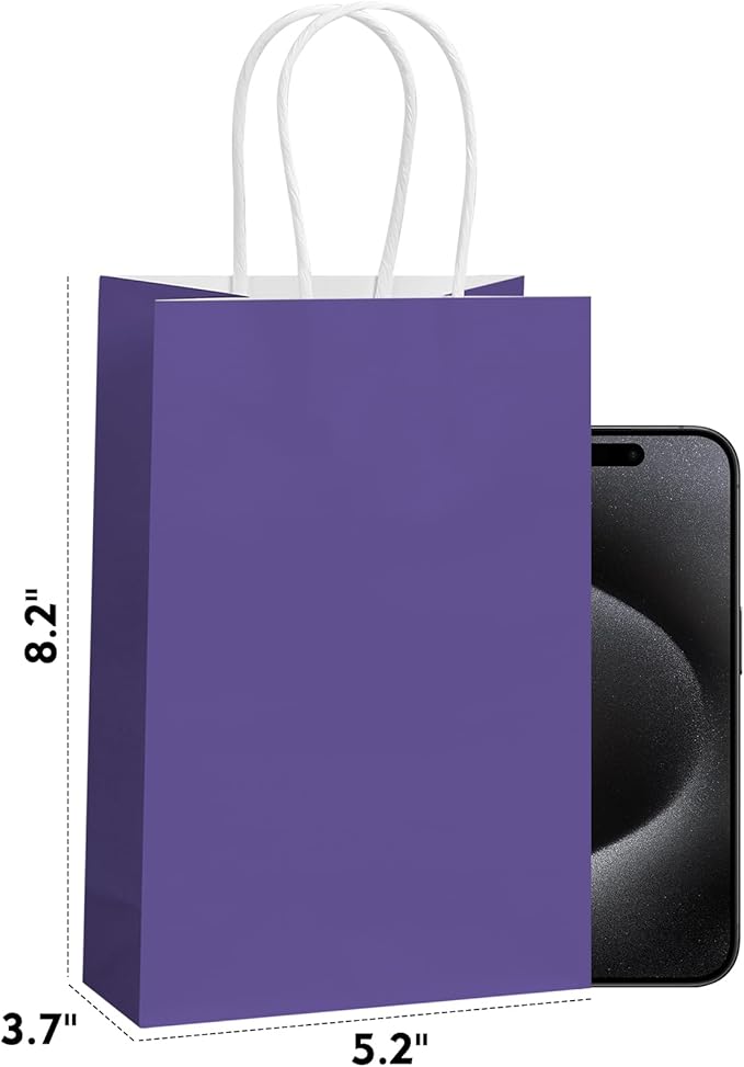 REMTAP Gift Paper Bags 5.9×3.2×8.2 50Pcs Kraft Bags with Handles Bulk Gift Bags for Wedding Party Craft Retail Packaging, Shopping, Party Favor, Retail Bag (Purple-S-50pcs, 5.9×3.2×8.2)