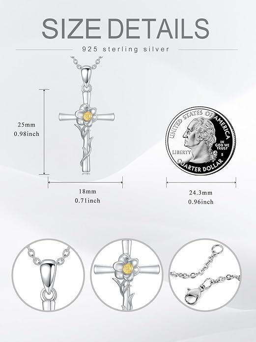 Flower Necklace Sunflower/Violet/Daffodil Necklace Sterling Silver Flower Cross Pendant Jewelry Gifts for Women