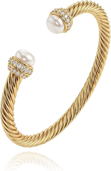 Fettero Gold Cuff Bangle Bracelets for Women - 14K Gold Plated Adjustable Open Cuff Friendship Bracelets Elegant Twisted Cable Bangle Bracelet Lightweight Pearl Bracelet for Dainty Jewelry