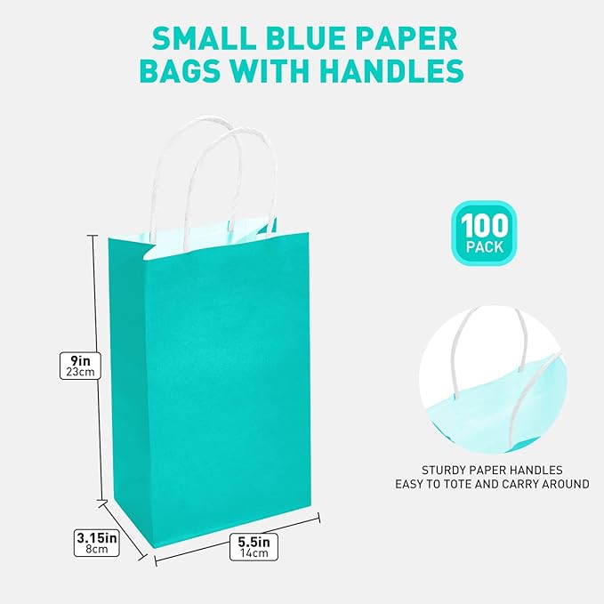 DjinnGlory 100 Pack Small Size Teal Blue Paper Gift Bags with Handles Bulk 9x5.5x3.15 Inch for Holiday Birthday Wedding Baby Shower Party Favors, Business Merchandise Shopping Bags