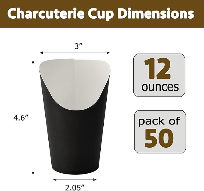 CAMKYDE 50 Pcs Disposable Black Charcuterie Cups, 12oz French Fries Holder French Fry Cups for all Occasions (12oz, Black)