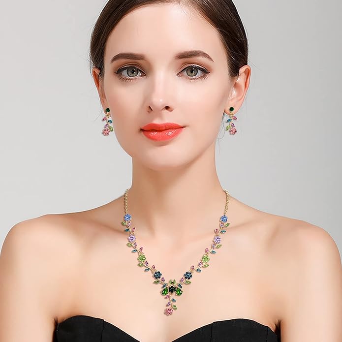 BriLove Women's Wedding Jewelry Leaf Cluster Flower Crystal Dangle Earrings Pendant Necklace Set for Bridal