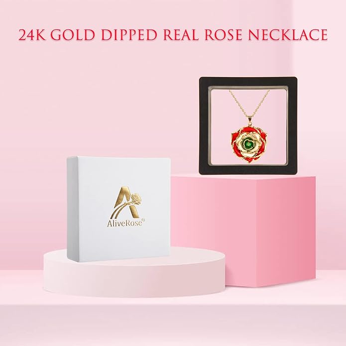 AliveRose Real Rose Gold Dipped Necklace Gifts for Women, 24K Gold Dipped Rose Pendant Necklace Jewelry Mothers Day Anniversaries Birthday Christmas Special Occasions Gifts for Her Mom Wife
