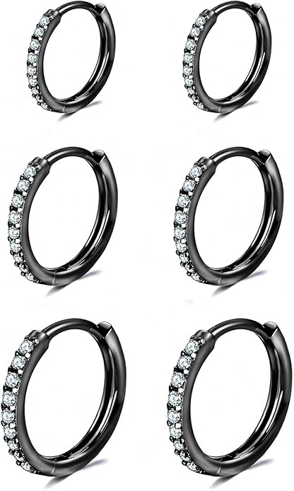 925 Sterling Silver Small Hoop Earrings Cubic Zirconia Huggie Hoop Earrings, 3 Pairs 14K White Gold Plated Cartilage Piercing Earrings Ear Cuff Tiny Hoop Earrings for Women Men