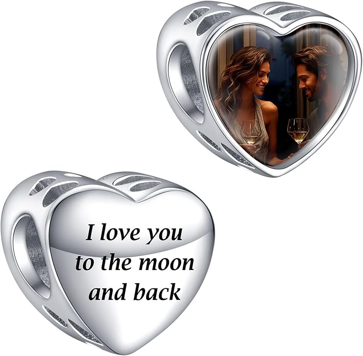 Annmors Personalized Photo Charms For Bracelets/Necklace 925 Sterling Silver Love Heart Shaped Engraved Customize Picture Gift for Birthday Mother's Day,Bead Charms Jewelry for Women