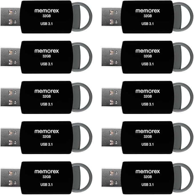 32GB Memorex USB 3.1 Flash Drive – Transfer Speeds Up to 10x Faster Than USB 2.0, Latest USB 3.1 Gen 1 Technology, Lightweight Design, for Daily File Management, Type-A Connector, 10-Pack