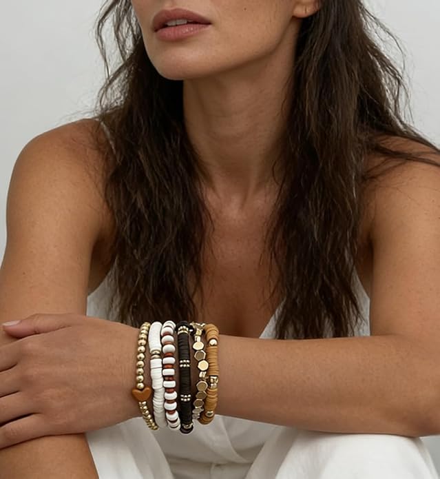 iF YOU 13pcs Heishi Clay Beaded Stretch Bracelets for Women, Boho Gold Surfer Stackable Bracelet Stacks White Brown Black Beach Jewelry