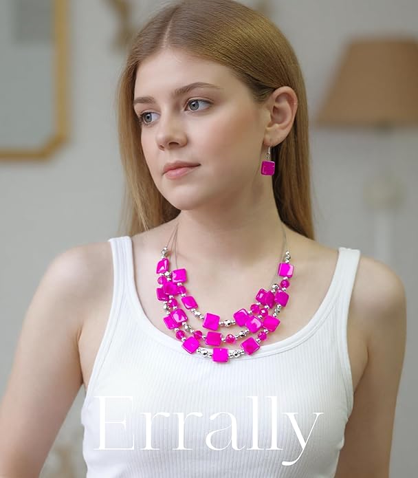 Layered Beaded Statement Necklaces for Women Square Shell Bead Collar Necklace and Earring Set Birthday Gifts Boho Jewelry Sets for Women