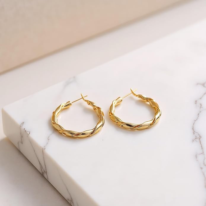 14k Gold Plated Hoop Earrings for Women, 925 Sterling Silver Posts Thick Twist Hypoallergenic Chunky Large Earrings 20mm 30mm 40mm 50mm