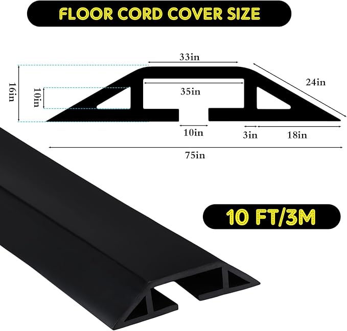 Pangda 10 FT Floor Cable Cover Heavy Duty Cord Cover Protector Power Cable Protector Soft Extension, Organize and Protect Wire on Floor for Home Office or Outdoor Settings (Black)