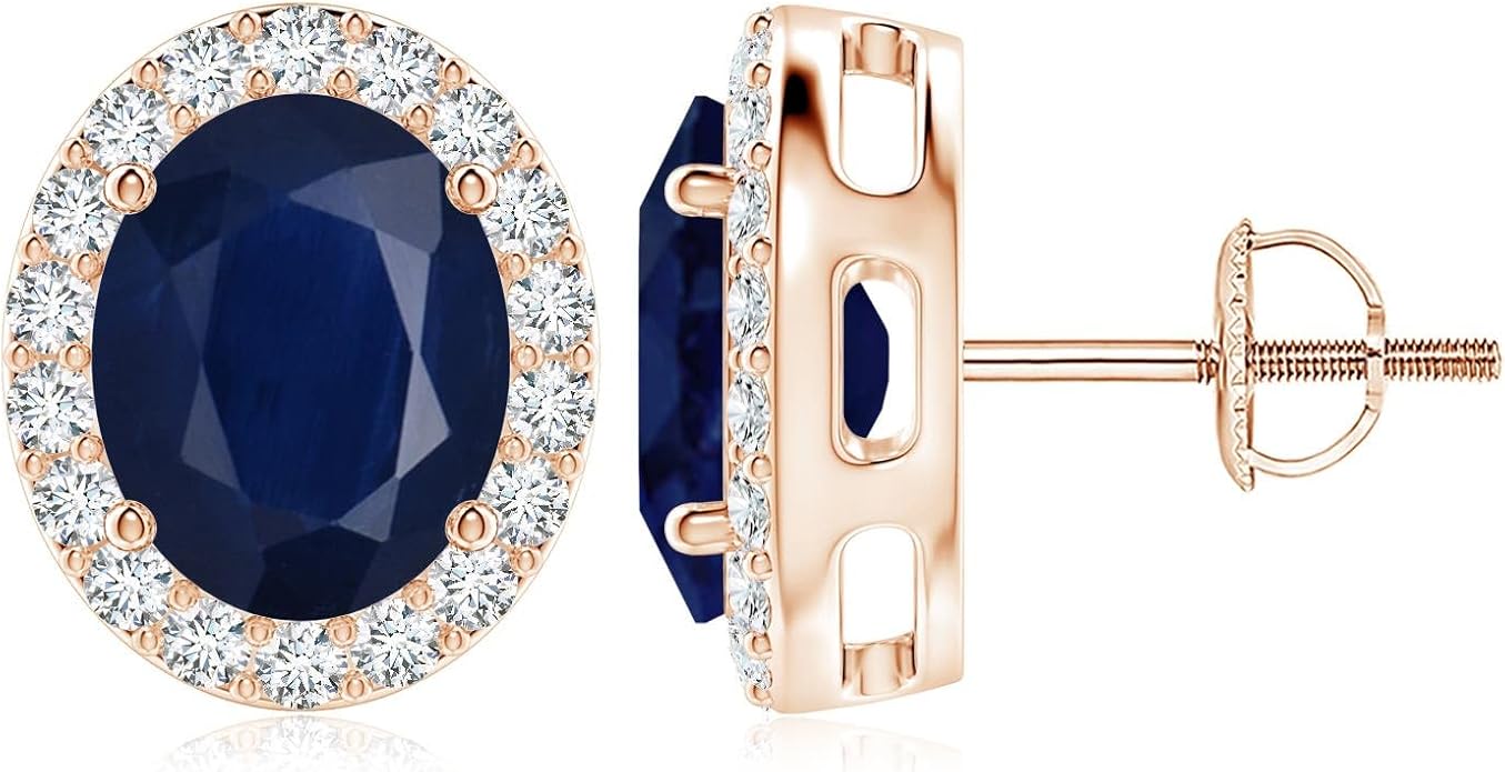 ANGARA Natural Blue Sapphire Earrings for Women | Prong-Set Oval Blue Sapphire Stud Earrings with Diamond Halo in 14K Solid Gold/Platinum | September Birthday, Anniversary, Gemstone Jewellery Gift
