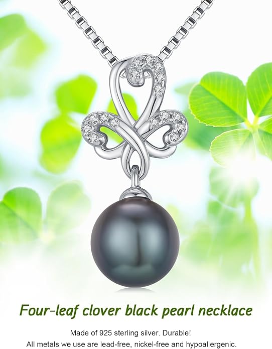 Tahitian Black Pearl 18K White Gold Plated Sterling Silver Heart/Infinity/Four Leaf Clover Pendant Necklace Jewelry Gifts for Women Wife Mom Girlfriend Wedding Birthday Anniversary Christmas