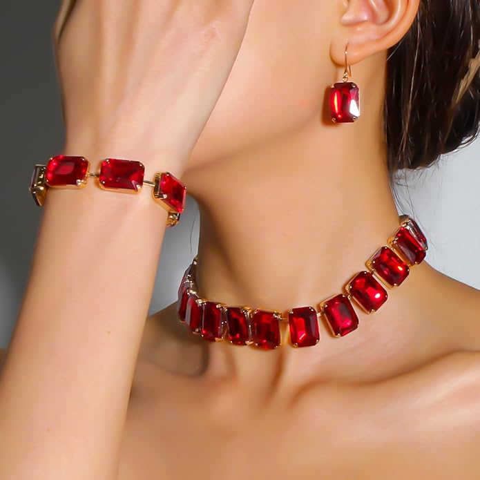 KOSMOS-LI Rectangle Faux Crystal Jewelry Sets Includ Necklace Bracelet Earrings For Women Stocking Stuffers