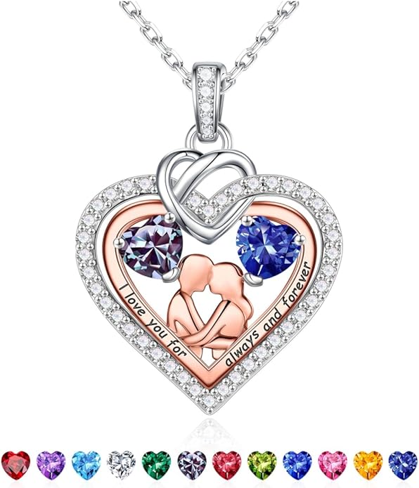 Iefil Valentines Day Gifts for Her - 925 Sterling Silver Double Heart Birthstone Necklace for Women, Anniversary Birthday Gifts for Wife I Love You Gift Couple Sitting Hugging Each Other Jewelry Gift