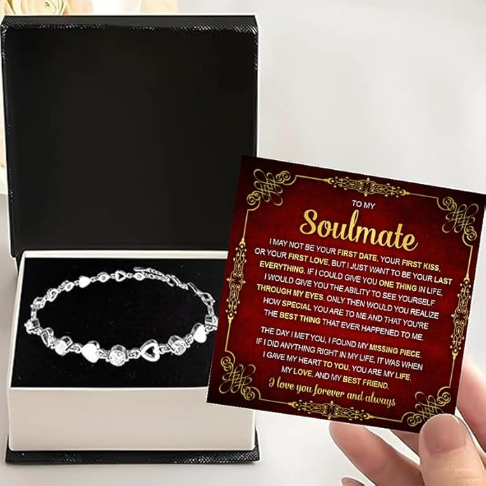 To My Soulmate Bracelet for Women, Heart Chain Bracelet with Shiny Stones, Perfect Birthday or Anniversary Christmas Gift for Soulmate with Message Card and Gift Box