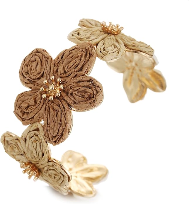 Raffia Flower Cuff Bracelet for Women, Floral Chunky Bangle Wide Open Cuff Statement Bracelet