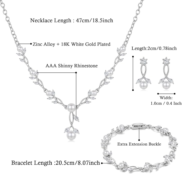 Hadskiss Wedding Jewelry Sets for Women/Brides/Bridesmaids, Cubic Zirconia Pearl Necklace Earrings Bracelet Set 18K Gold Plated Hypoallergenic Jewelry for Wedding Prom Party