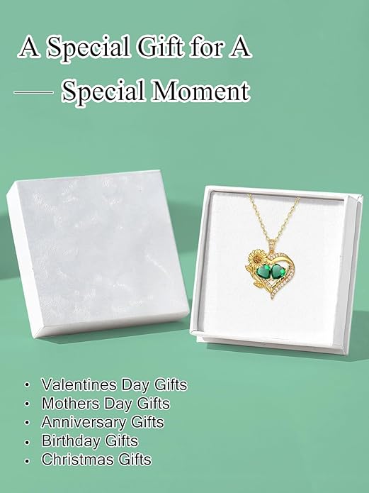 Sunflower Heart Necklace for Women 14K Gold Exquisite Valentines Day Anniversary Birthday Gifts for Wife Mother Her Double Birthstone Pendant Jewelry‘You Are My Sunshine’