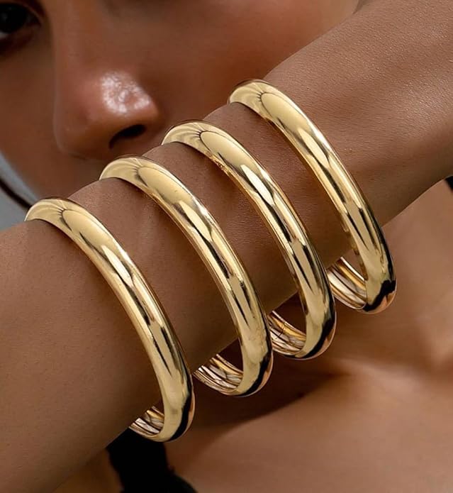 Chunky Gold Bangle Bracelets for Women, Dainty 14k Gold Plated Big Stackable Bangles Set, Trendy Statement Cuff Bracelet Stack Fashion Jewelry Christmas Gifts