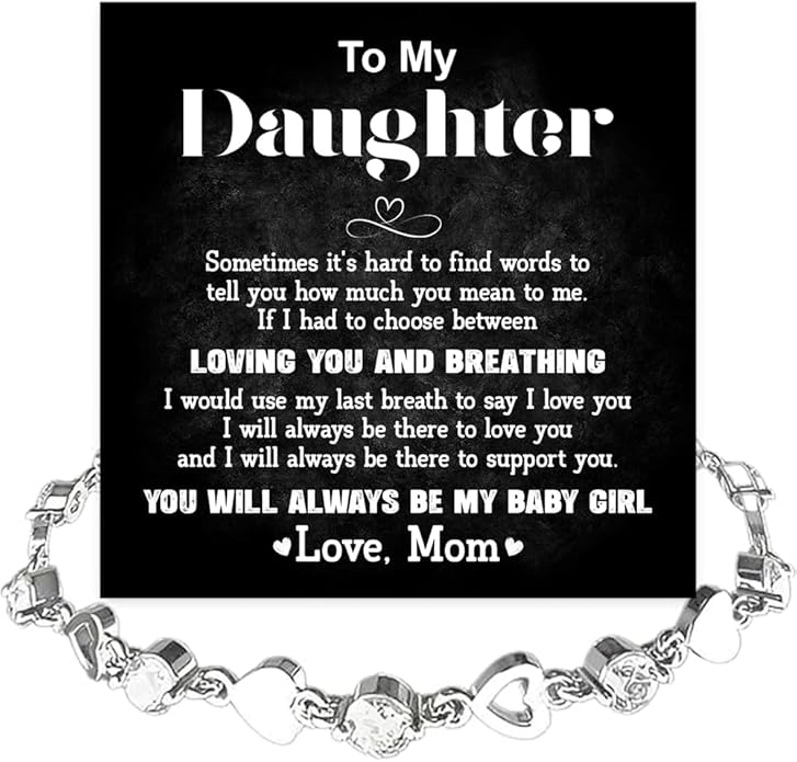 To My Daughter Bracelet, Silver Heart Chain Bracelet with Shiny Stones, Perfect Birthday or Graduation Christmas Gift for Daughter with Message Card Gift Box