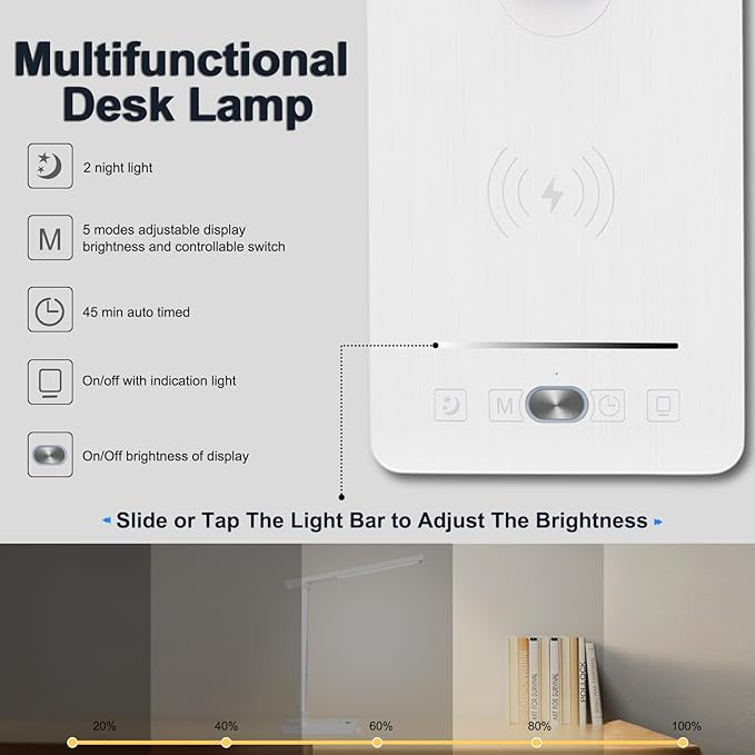 10 in 1 Smart Desk Lamp Led, Desk Light for Colleage Drom Room Office, Eye-Caring Table Lamp with Night Light, Lamp for Desk with 10W Wireless Charger, Dimmable Touch Lamp, Birthday Gifts for Women