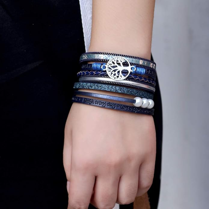Fesciory Leather Wrap Bracelets for Women, Boho Leopard Multi-Layer Crystal Beads Cuff Bracelet Jewelry