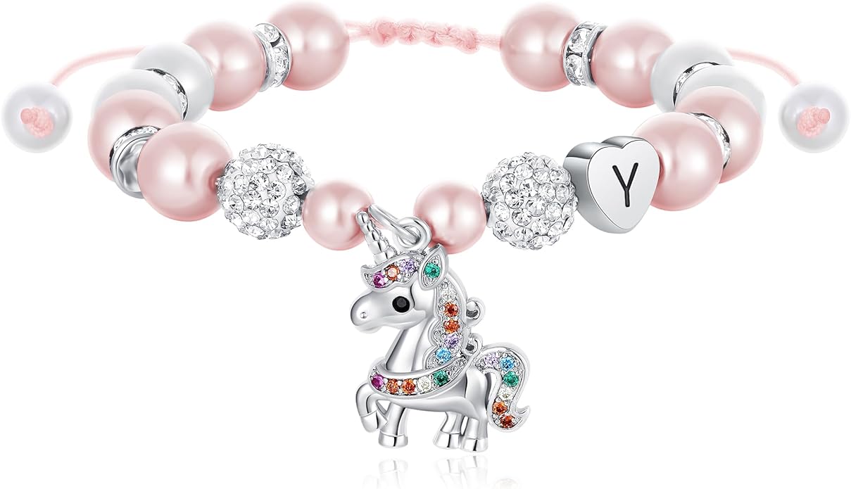 C-leen Unicorn Unicorn Bracelet Gifts for Girls Kids - Pink Pearl and Rhinestone Balls Heart Initial Unicorn Bracelets Adjustable Jewelry CZ Unicorn Bracelet Birthday Gifts for Teens
