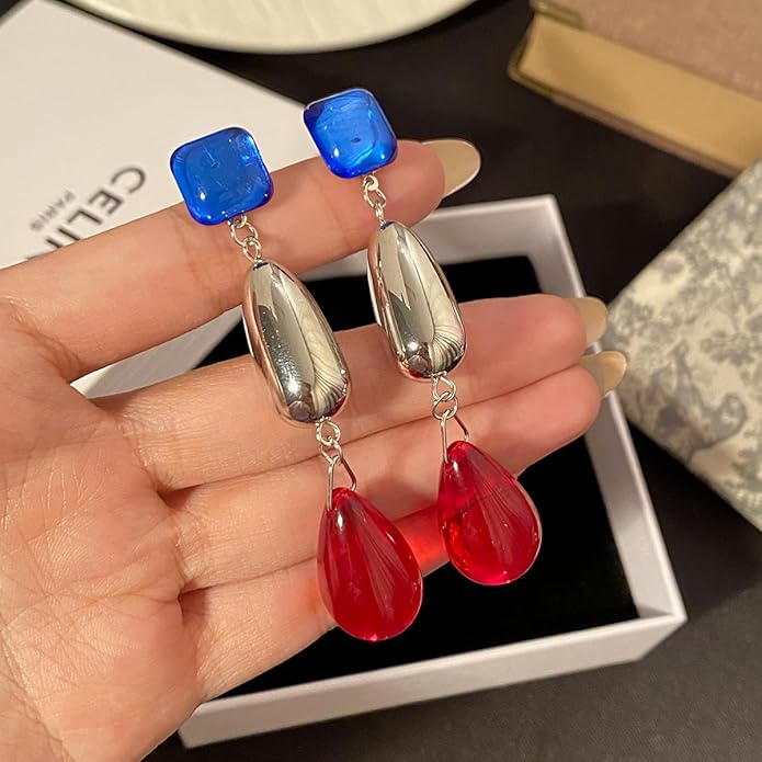 Colorful Statement Drop Earrings with Blue Square, Silver Bead and Red Teardrop Dangle, Bold Geometric Fashion Jewelry for Women