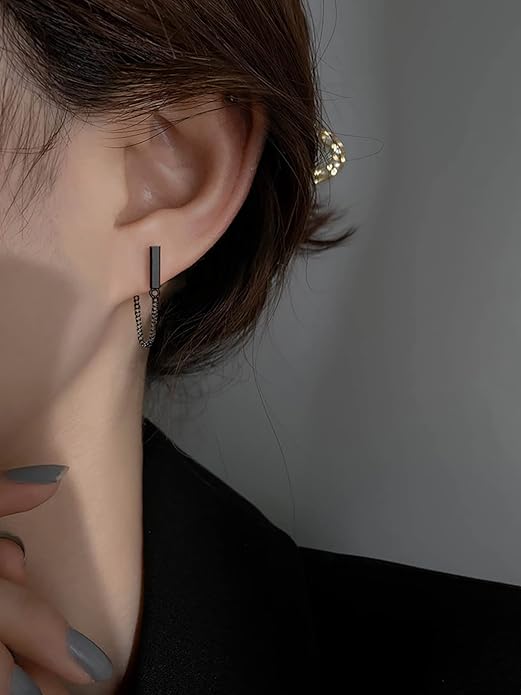 Reffeer Solid 925 Sterling Silver Stud Earrings Minimalist Bar Earrings with Chain Dangle Earrings For Women