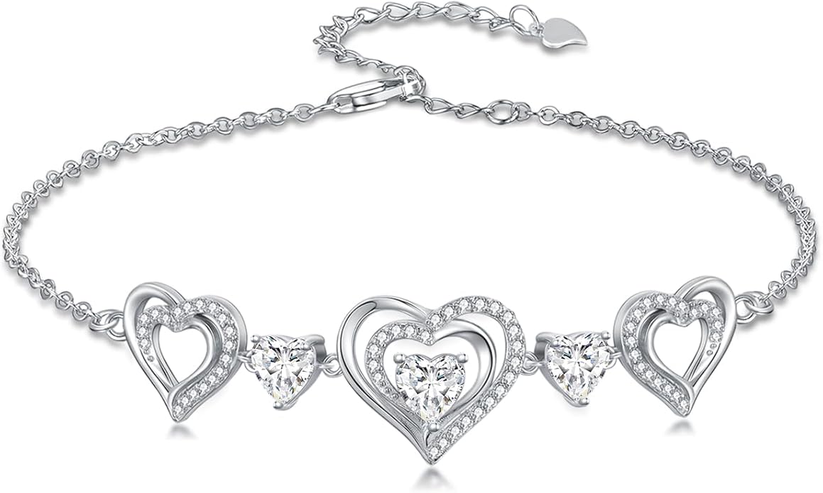 Birthstone Charm Link Bracelet 925 Sterling Silver Rose/Heart/Mom Bracelet with 12 Months Birthstone Mother's Day Gift Jewelry Gifts for Women,Chain Length 7"+2" Extend