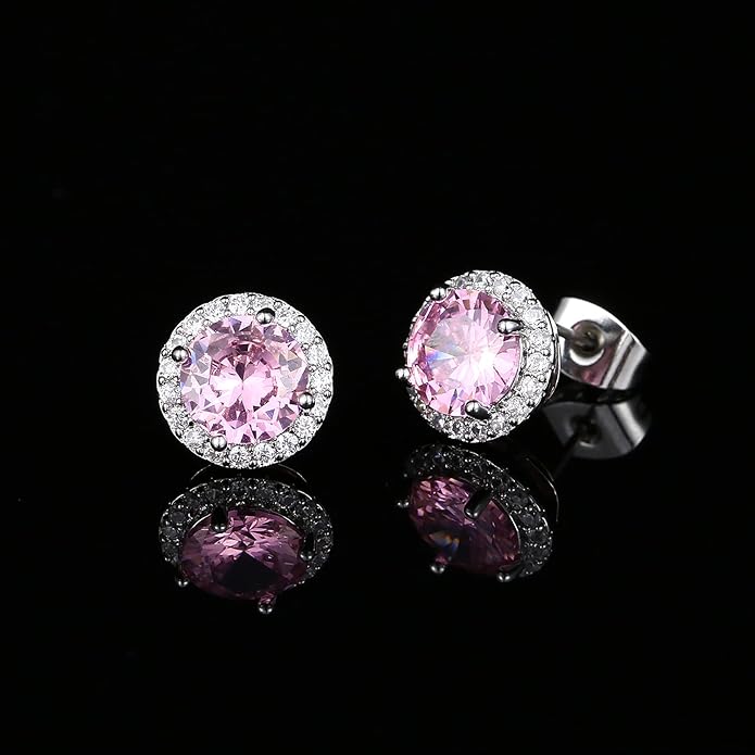 YOMELA Cubic Zirconia Earrings Studs, Halo CZ Birthstone Simulated Diamond Stud Earrings for Women