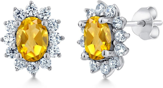 Gem Stone King 7X5MM Oval Gemstone Birthstone Stud Earrings For Women | Princess Diana Royal Halo Style | 925 Sterling Silver | Fine Jewelry Gifts for Anniversary Wedding Her Mom Women Wife