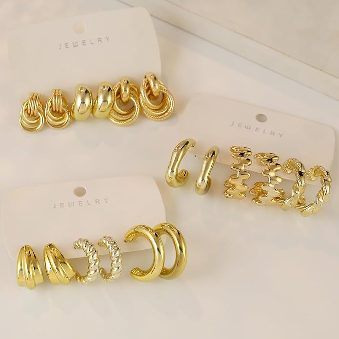 9 Pairs Chunky Gold Earrings Set for Women Trendy Lightweight Gold Plated Hoop Earrings Hypoallergenic Jewelry