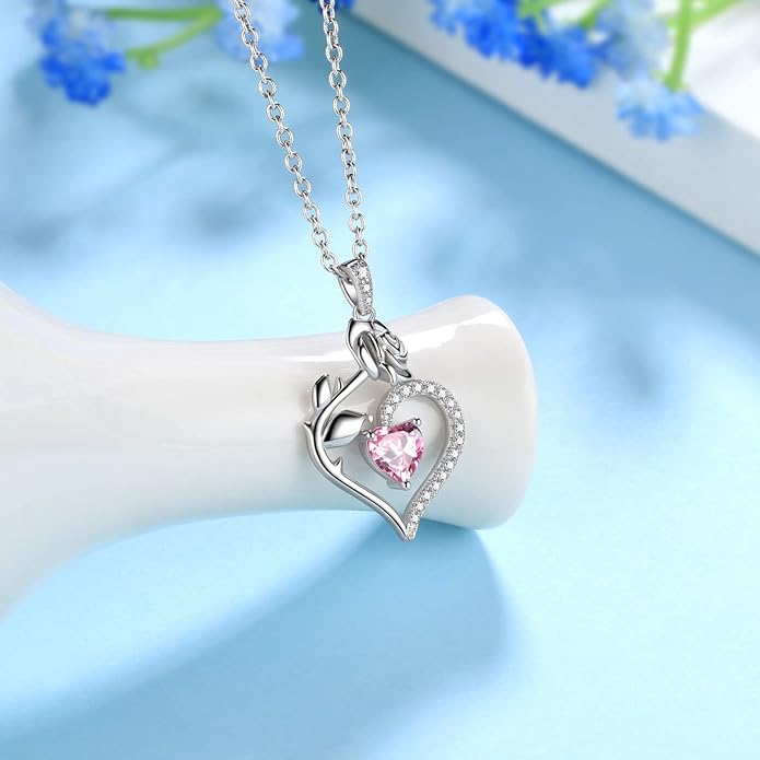 Jewmon Valentine Day Gifts for Her Rose Heart Birthstone Necklace for Women 925 Sterling Silver Birth Stone Flower Rose Necklace Anniversary Love GIfts for Girlfriend Wife Mom Birthday Gifts for Her
