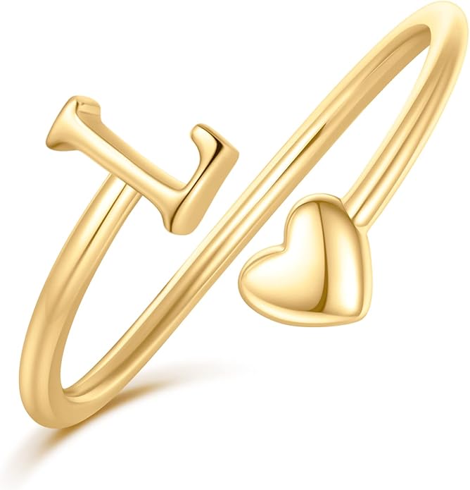 Initial Rings for Women Girls - Valentines Day Gifts for Her, Adjustable Rings for Women Non Tarnish Letter A-Z Dainty Heart Ring Teen Girls Gifts Trendy Stuff Personalized Jewelry Gift