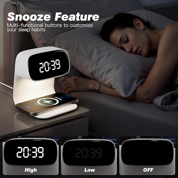 Digital Alarm Clock with Wireless Fast Charging Station 15W Touch Smart Lamp for Bedside,3 Colors Nightlight Adjustment Night Lamp for Living Room,Bedside,Heavy Sleepers (White-01-Adapter)