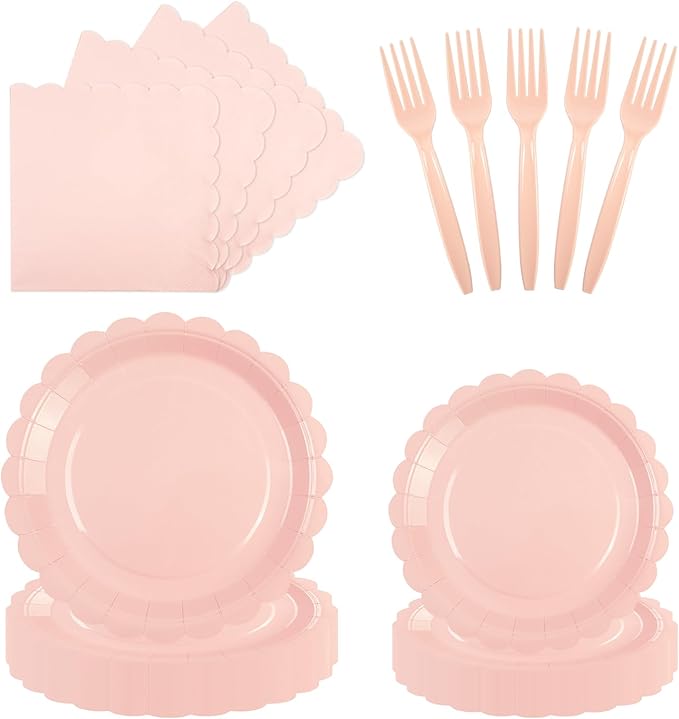 96PCS Pink Paper Plates and Napkins, 24 Guest Light Pink Disposable Tableware Set Include Scalloped Paper Plates Napkins and Forks Decoration Party Supplies for Birthday Wedding Baby Shower