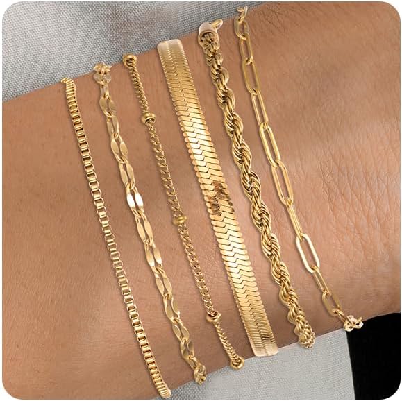 Silver and Gold Bracelets for Women Non Tarnish Waterproof Gold bracelet stack set, Adjustable 6.5"+2" Extender, Layered Bracelets for Women，Exquisite Jewelry Gift