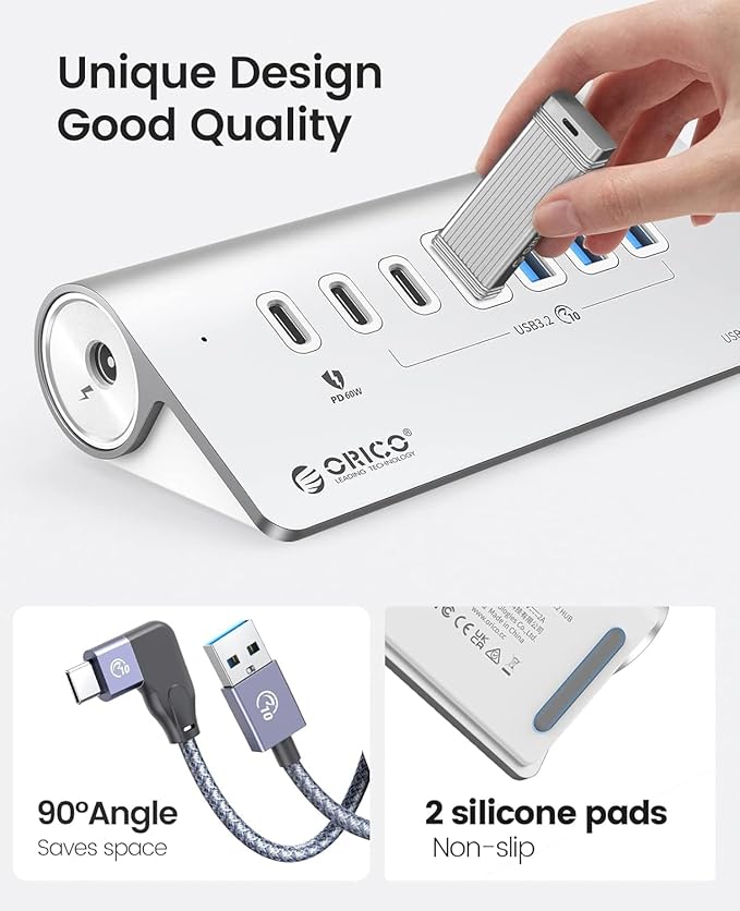 ORICO 7 Port USB Hub 10Gbps, Aluminum USB 3.2 Gen 2 Hub, 6 USB 3.2 Data Ports, 1 PD 60W Ports, 24V 3A Power Adapter, 3.28Ft A to C Cable, USB Data Hub for Laptop