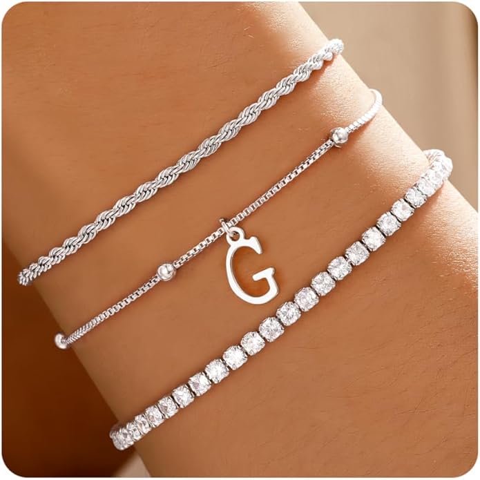 Valentines Day Gifts for Her Kids - Dainty Gold Bracelets for Women Personalized Gold/Silver Initial Bracelet Stack Stackable Rope Box Chain Tennis Bracelets for Girls Jewelry Set