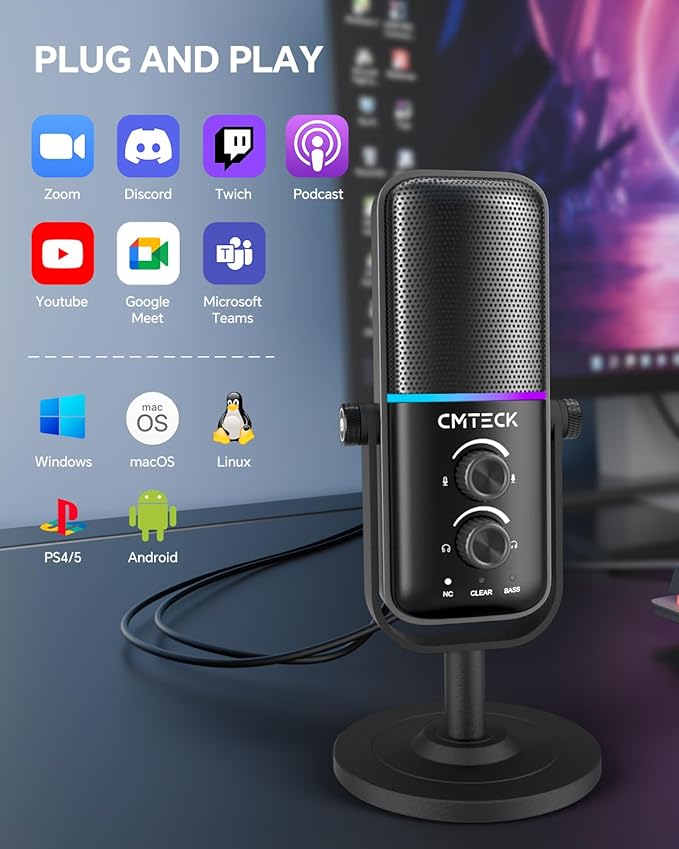 CMTECK USB Microphone for PC, PS4/PS5, Laptop – Computer Microphone with RGB Lighting, Mute Button, Mic Gain, Plug & Play, 3 Sound Modes for Streaming, Podcasting, Recording