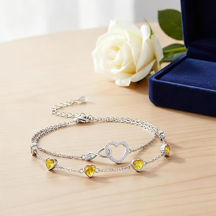 Prismata Infinity Birthstone Charm Link Bracelet 925 Sterling Silver Adjustable 12 Months Birthstone Infinity Bracelet Birthday Jewelry Gifts for Women Mom Her,with 7"+2" chain