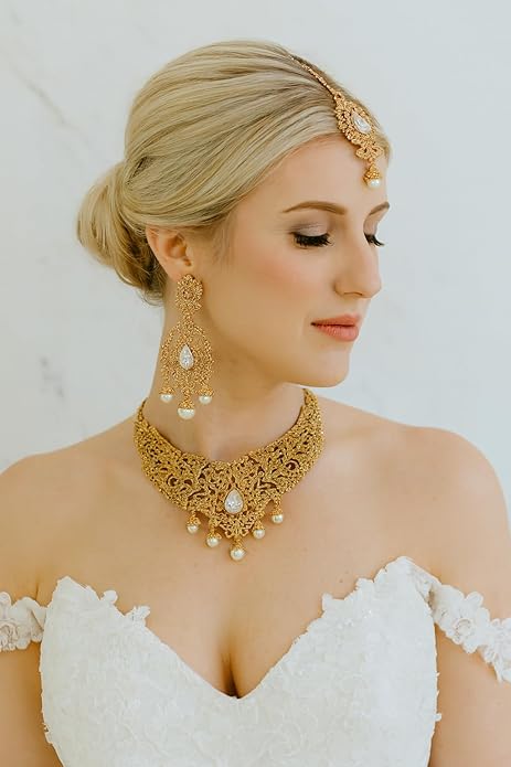 Touchstone Indian jewelry sets for women tikka wedding necklace costume guest statement bollywood rhinestones crystal faux pearls gold big royal neck piece set bridal fashion accessories