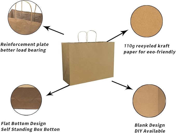 FACEBAG 100Pcs Brown Paper Bags with Handles Bulk, 16x6x12 Inches,Large-sized Kraft Paper Shopping Bags&Gift Bags for Party Favors，Grocery Shopping & Retail，Reusable & Durable