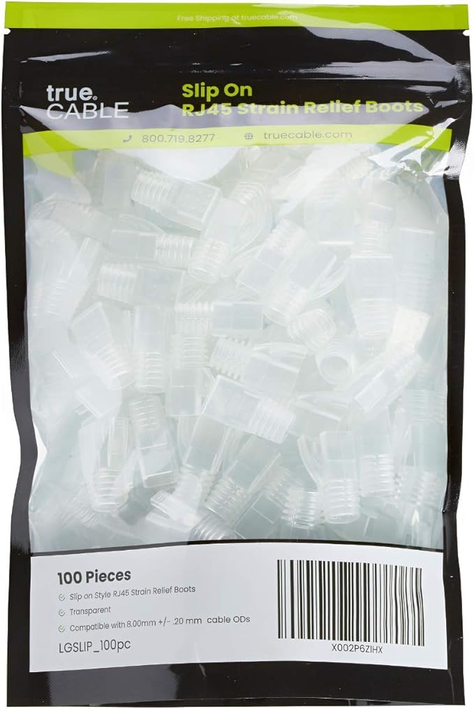 trueCABLE RJ45 Strain Relief Boots, 8.0mm Slip-On PVC Plug Cover, Transparent, 100 Pieces