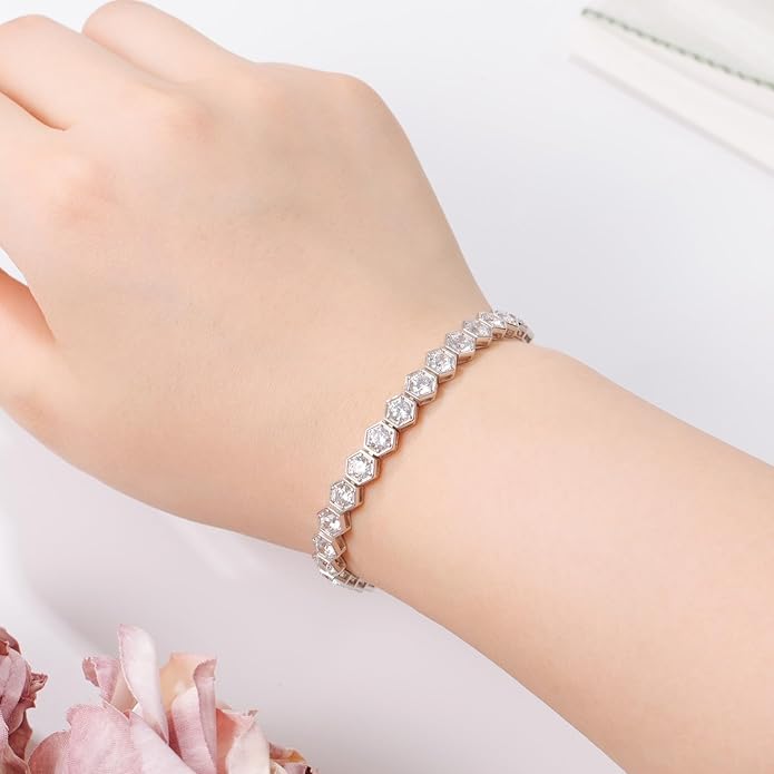 Birthstone Tennis Bracelets for Women Birthday Gifts 925 Sterling Silver Hexagon White Gold Bracelets Round Cut 5A Cubic Zirconia Prong Setting 7 Inch Anniversary Jewelry Gift