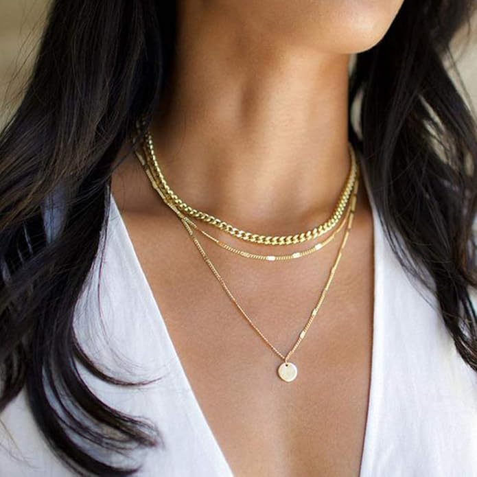 Turandoss Gold Layered Necklaces for Women - 14K Gold Plated Handmade Multilayer Bar Pearls Coin Disc Moon Butterfly Medallion Adjustable Dainty Layered Choker Necklaces for Women Jewelry